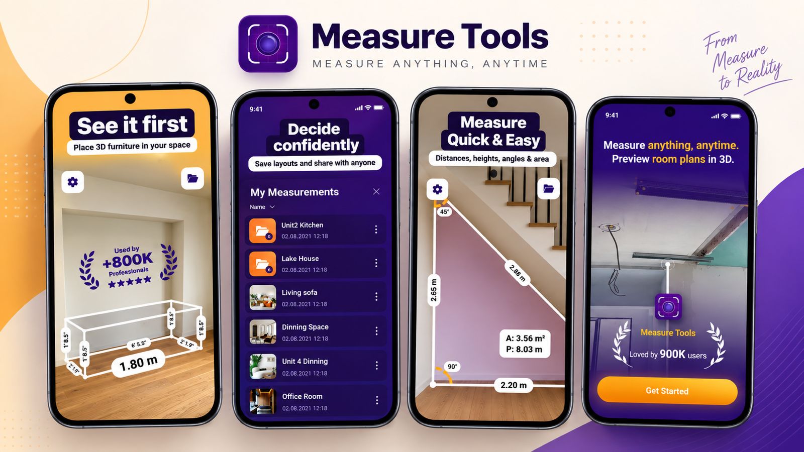 Measure Tools AR ruler interface showing mobile spatial measurement features